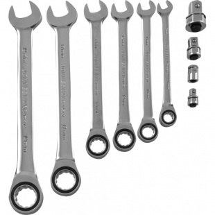 Набор комбинированных трещоточных ключей 8-19 мм и адаптеров, Jonnesway 10 предметов (W45110S) 